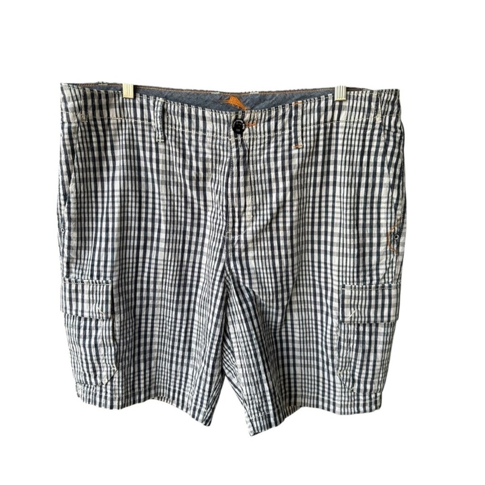Tommy Bahama Shorts Plaid Navy Blue White Cotton Tencel Relaxed Fit Size 36